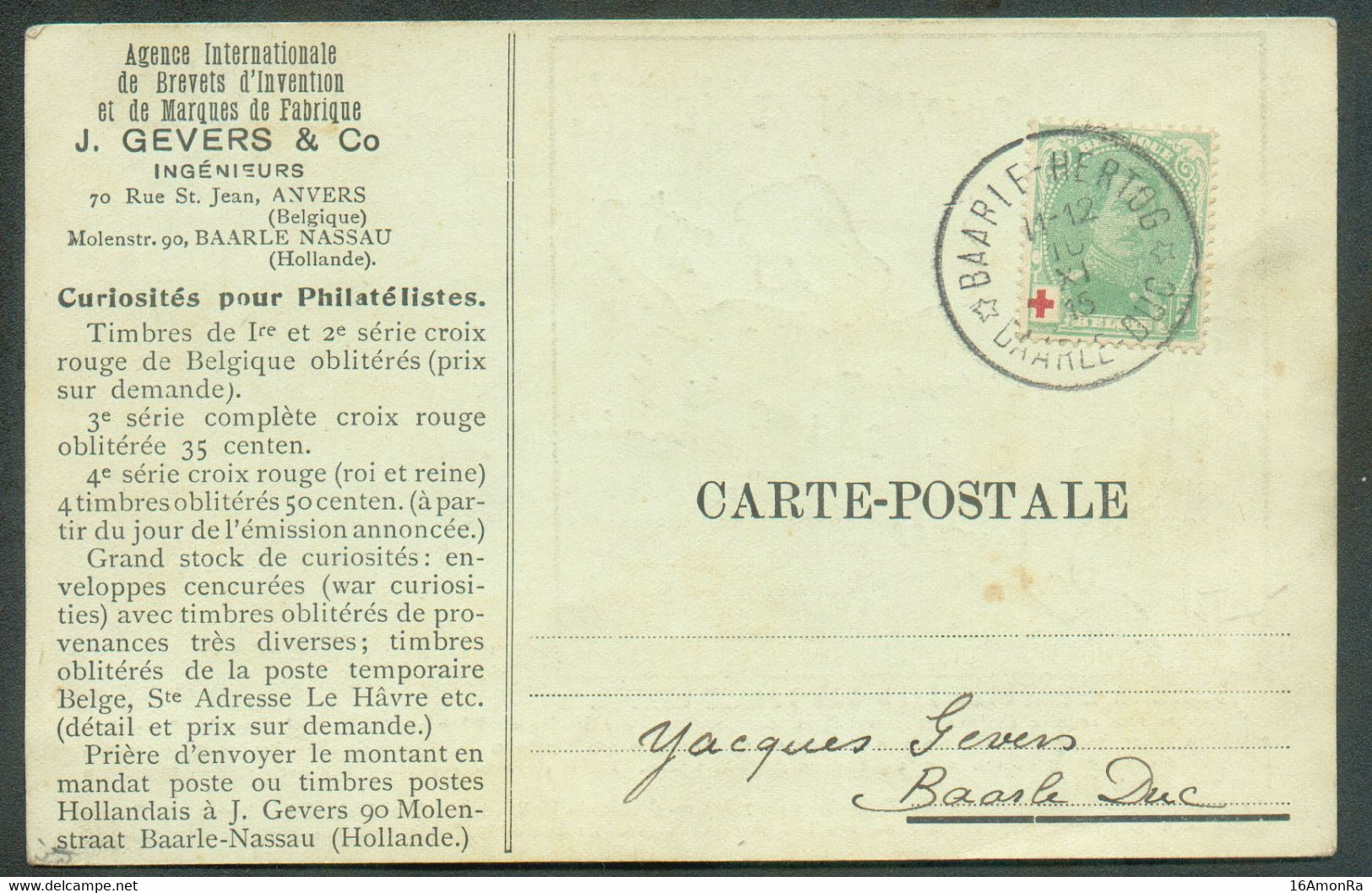 5 Centimes Albert Croix-rouge Obl. Sc BAARLE-HERTOG * Sur Carte Gevers Du 10-XI-1915 . TB  - 18786 - Autres & Non Classés