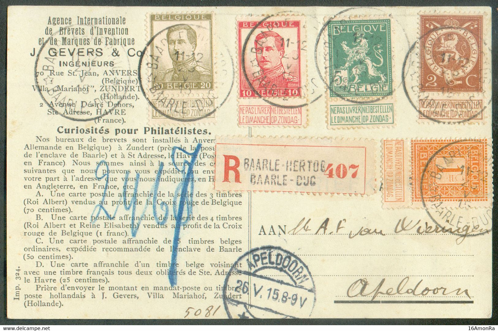 Affranchissement Albert PELLENS Obl. Sc BAARLE-HERTOG * Sur Carte Recommandée Du 23-V-1915 Vers Apeldoorn (Pays-Bas) (ay - Otros & Sin Clasificación