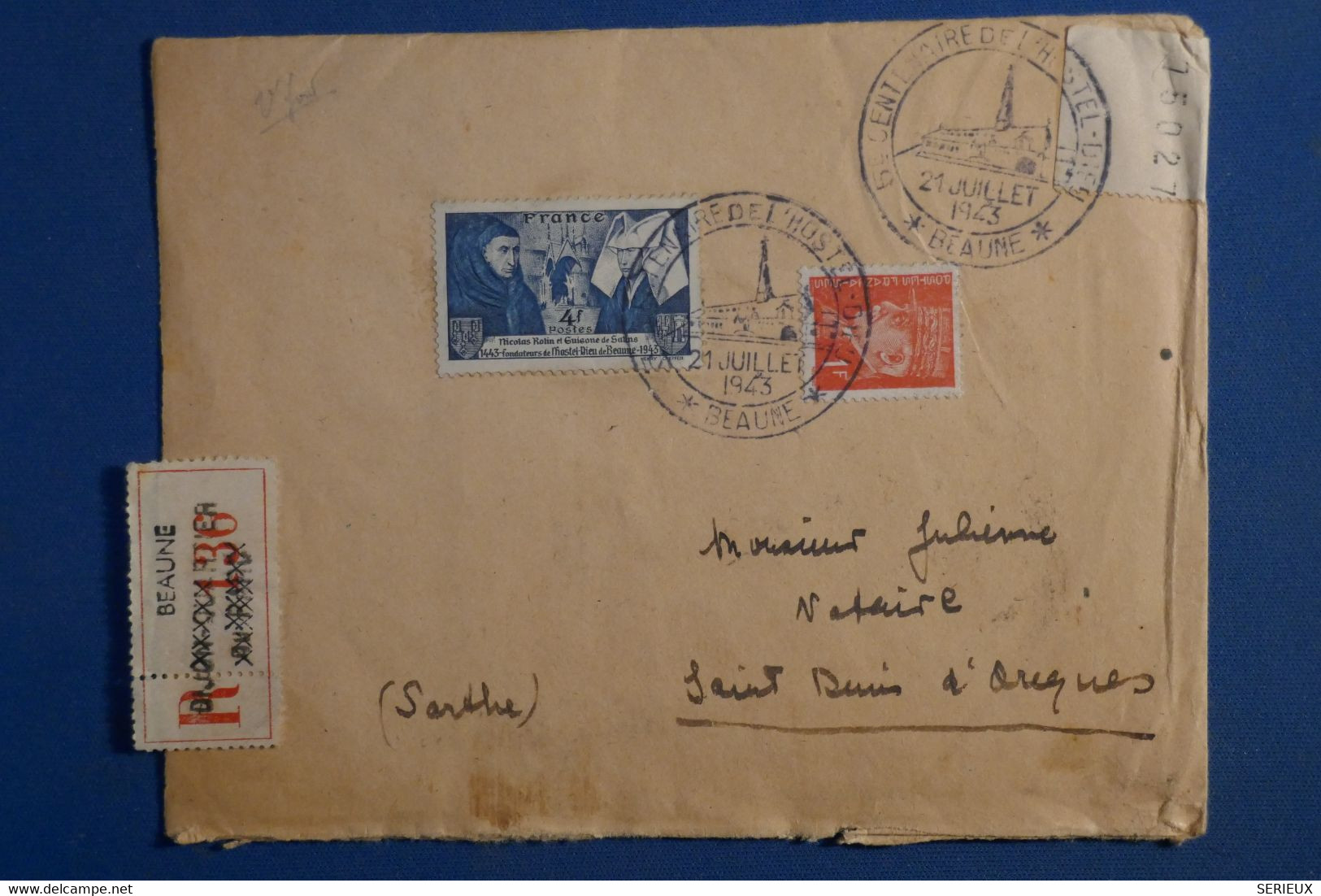 AF6 FRANCE  BELLE LETTRE RECOM.  1943 +++++BEAUNE POUR  SAINT DENIS + + AFFRANCH.  INTERESSANT - Covers & Documents