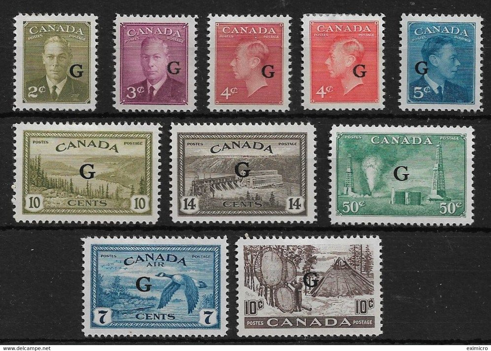 CANADA 1950 - 1952 'G' OVERPRINT OFFICIALS BETWEEN SG O180 And SG O191 MOUNTED MINT Cat £97 - Overprinted