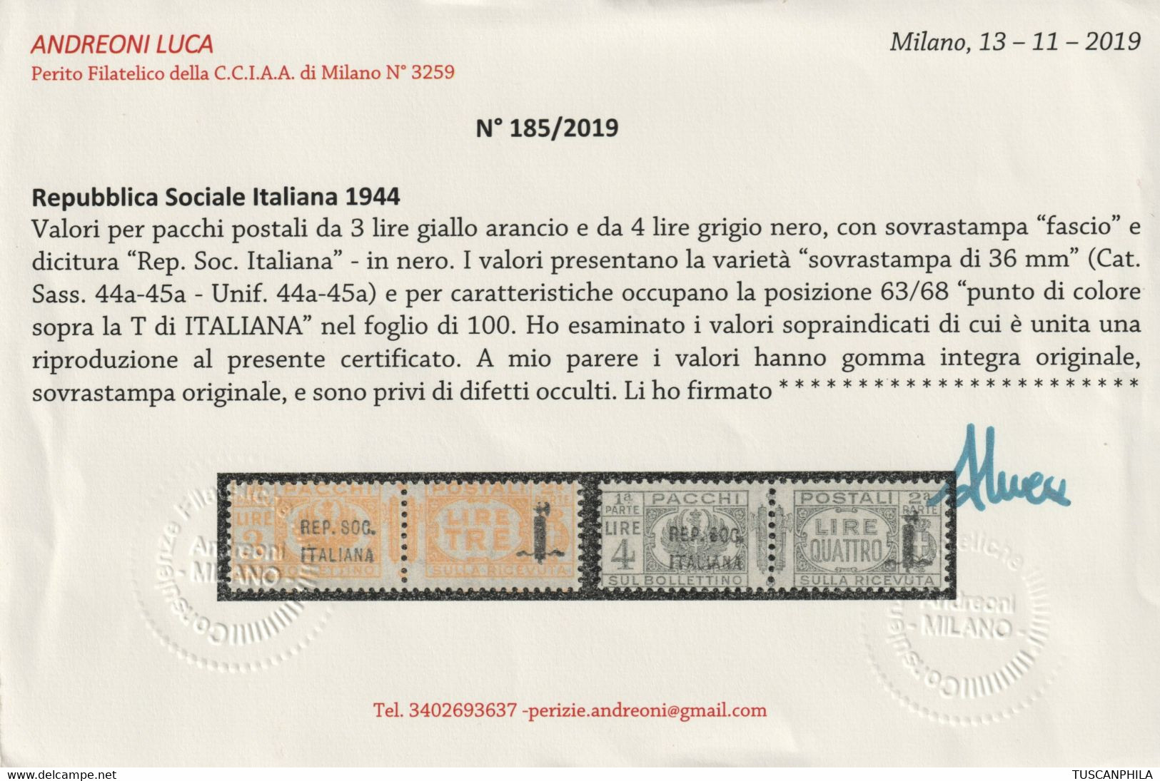 Repubblica Sociale 1944 Serie Di 2 Valori Pacchi Postali Sass. 44a/45a MNH** Certificato Cv 3100 - Colis-postaux