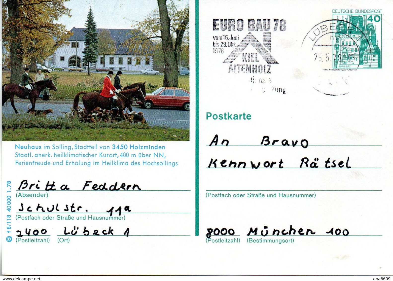 (BP4) BRD Bildpostk.Wz40 (Pf) Blaugrün "Burg Eltz" P125 F 8/118 "3450 Holzminden" MWST 25.5.78 LÜBECK - Cartoline Illustrate - Usati