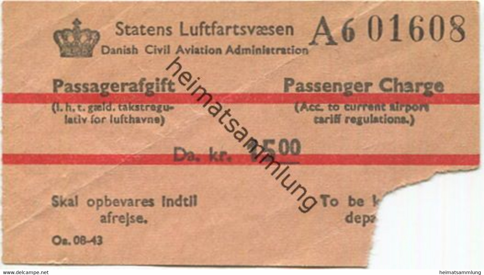 Dänemark - Statens Luftfartsvaesen - Passagerafgift - Da. Kr. 15.00 - Passagiersteuer - Europa