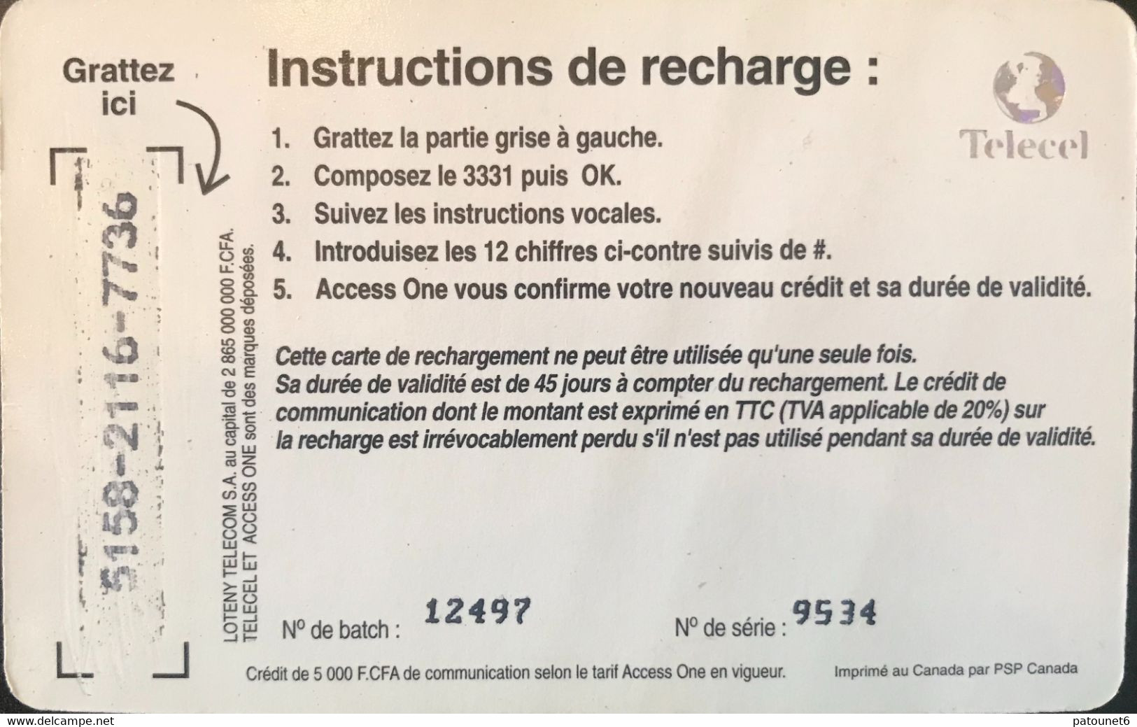 COTE D'IVOIRE  -  Recharge  -  Telecel  - Access One  -  5.000 F CFA - Côte D'Ivoire