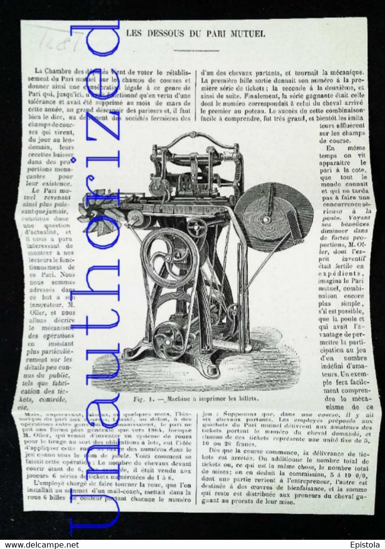 ►  MACHINE à Imprimer Les BILLETS De Pari Mutuel  - Coupure De Presse (Année 1891) - Maschinen