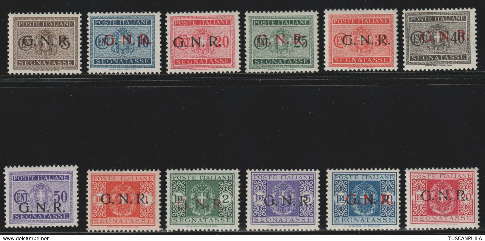 Repubblica Sociale 1944 Serie Di 12 Valori Segnatasse G.N.R. Verona Sass. 47/43+55/59 MLH* Firmati Cv 1000 - Taxe