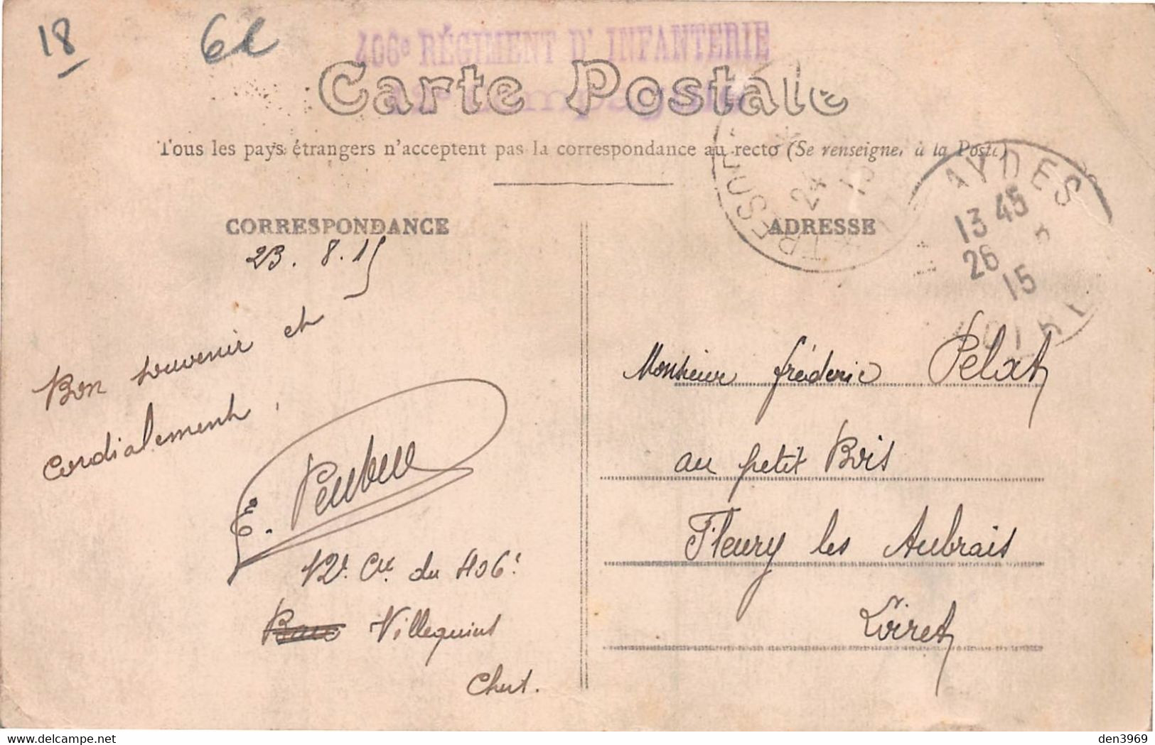 BAUGY - La Halle - Cachet 406e Régiment D'Infanterie, 12e Compagnie - Baugy