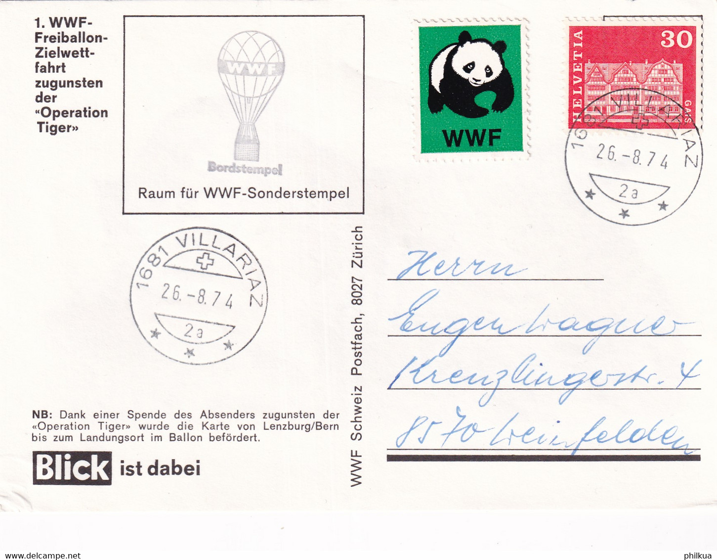 Suisse Zumstein 416 / Michel 882 - 1. WWF - Freiballon-Zielwettfahrt Zugunsten Den "Operation Tieger" Gest. Villariaz - Lettres & Documents