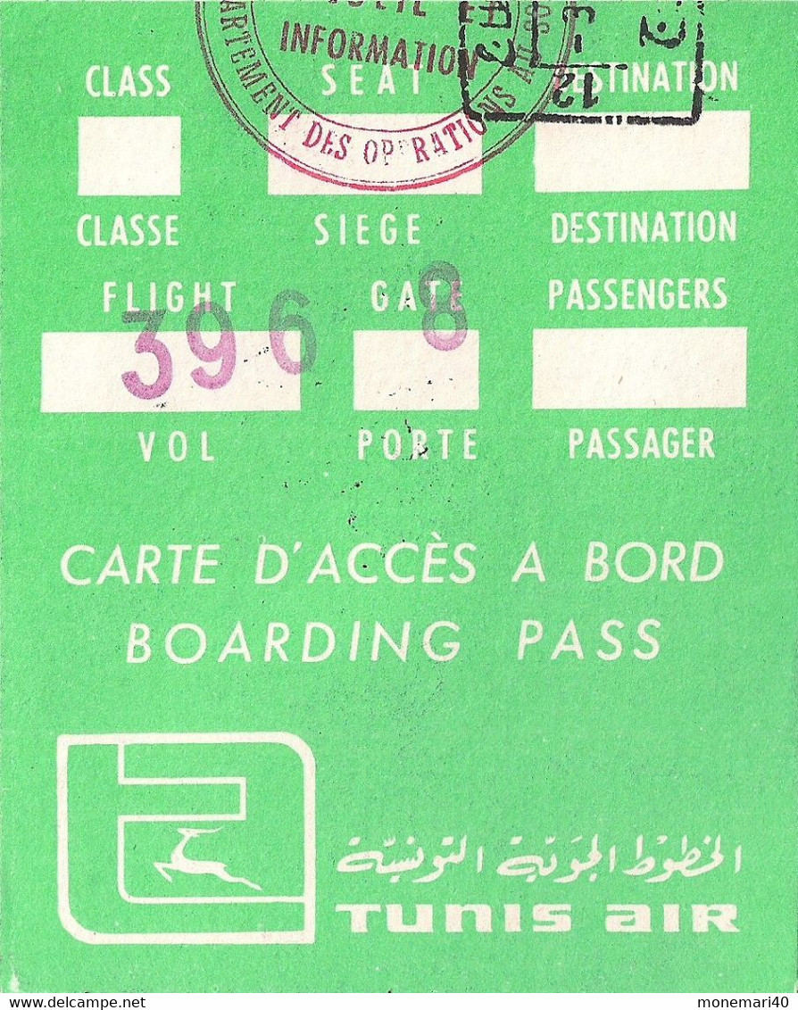 TUNIS AIR - CARTE D'ACCÈS A BORD. - Tarjetas De Embarque