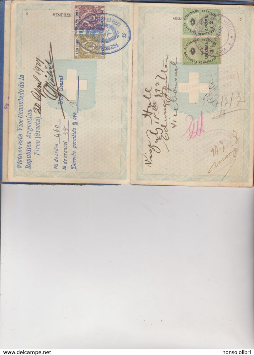 PASSAPORTO  REPUBBLICA  ELLENICA 1927  CON  NUMEROSI  FISCALI  GRECI  - ARGENTINI - TURCHI - EGIZIANI - Historical Documents