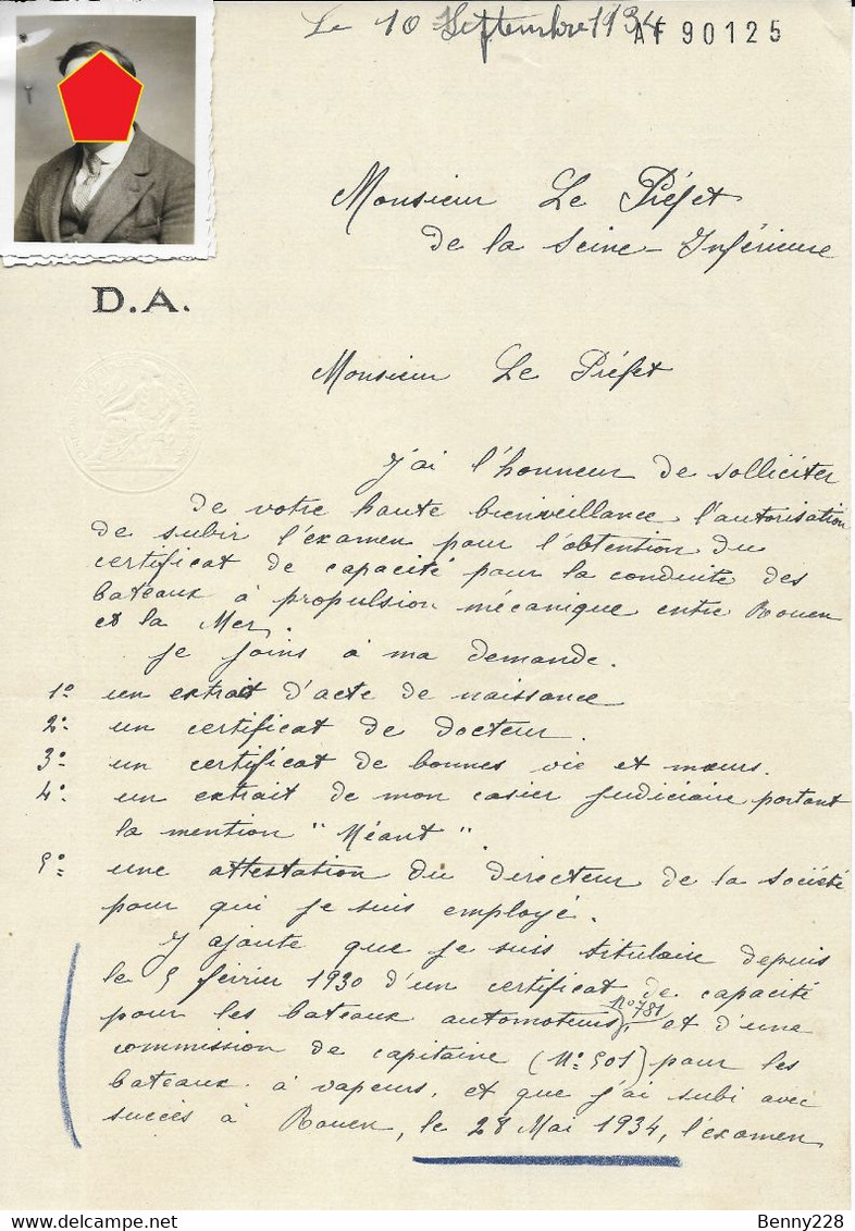 Demande D'examen Pour Obtention Du Certificat De Capacité Pour Automoteur 1934 - Otros & Sin Clasificación