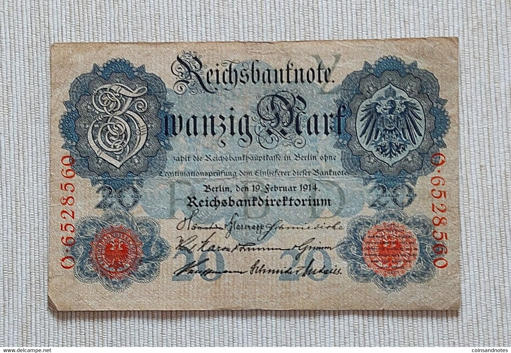 Germany 1914 - 20 Mark - Reichsbanknote - No O.6528560 - P#46b - VF - 20 Mark