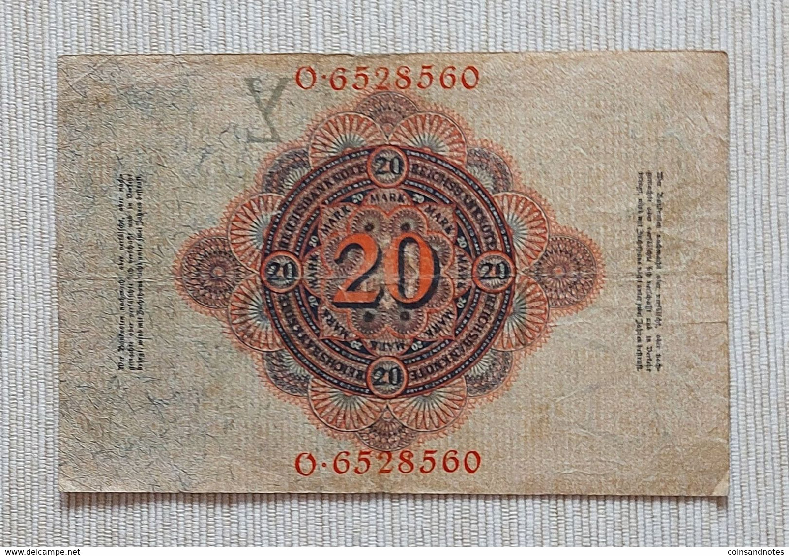 Germany 1914 - 20 Mark - Reichsbanknote - No O.6528560 - P#46b - VF - 20 Mark