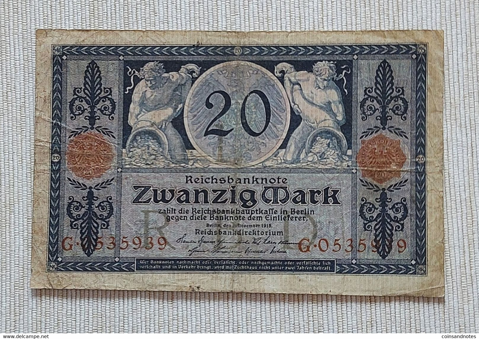 Germany 1915 - 20 Mark - Reihsbanknote - No G.0535939 - P#63 - VF - 20 Mark