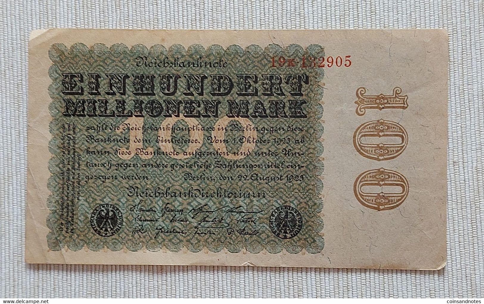 Germany 1923 - 100 Millionen Mark - Reichsbanknote - No 19K.132905 - P# 107a - Near UNC - 100 Mark