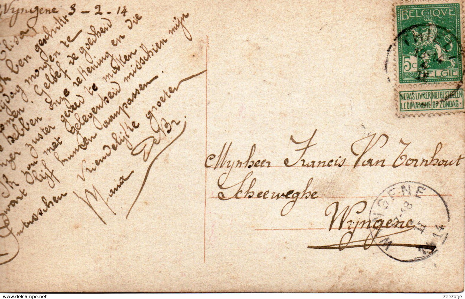 Postkaart THIELT 03-02-1914 Naar WYNGENE - Andere & Zonder Classificatie