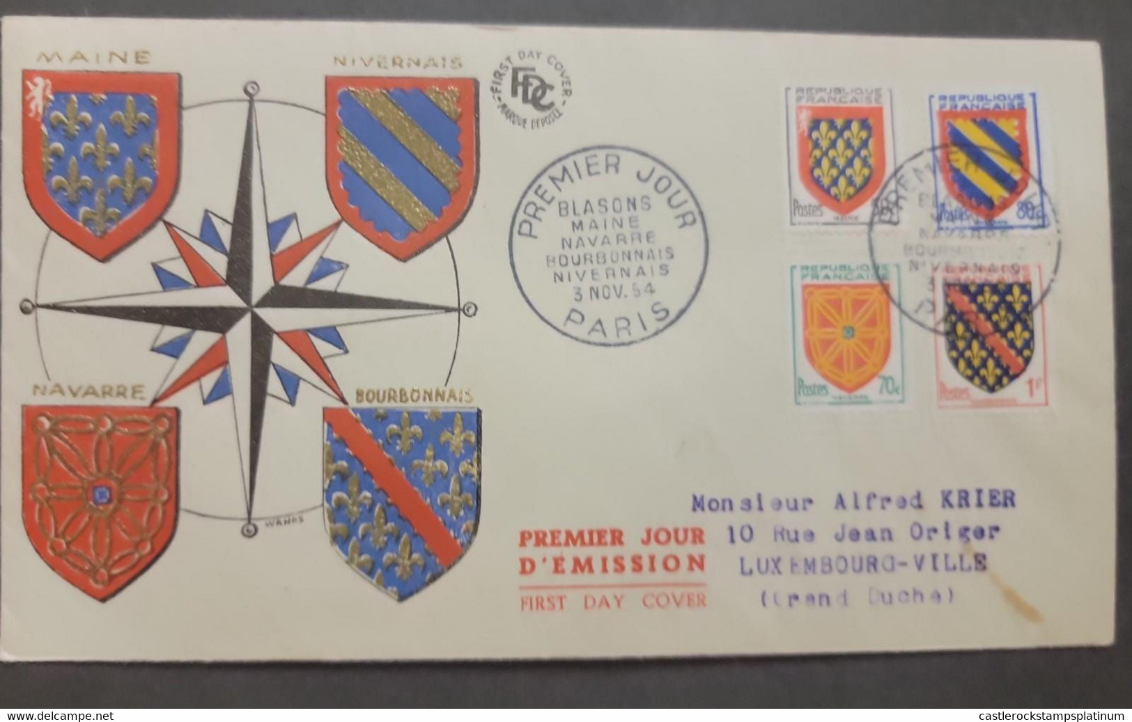 P) 1954 FRANCE, COAT OF ARMS STAMPS, FDC, COVER SHIPPER TO MR. ALFRED KREIK LUXEMBURGO-VILLE, D-DAY ARMOR CAR STAMP, XF - Otros & Sin Clasificación