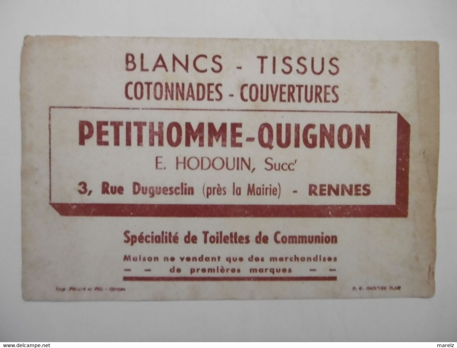 Buvard Textile Et Vestimentaire - PETITHOMME - QUIGNON E. HODOUIN Rue Duguesclin -=(Près De La Mairie) à RENNES - Textile & Vestimentaire