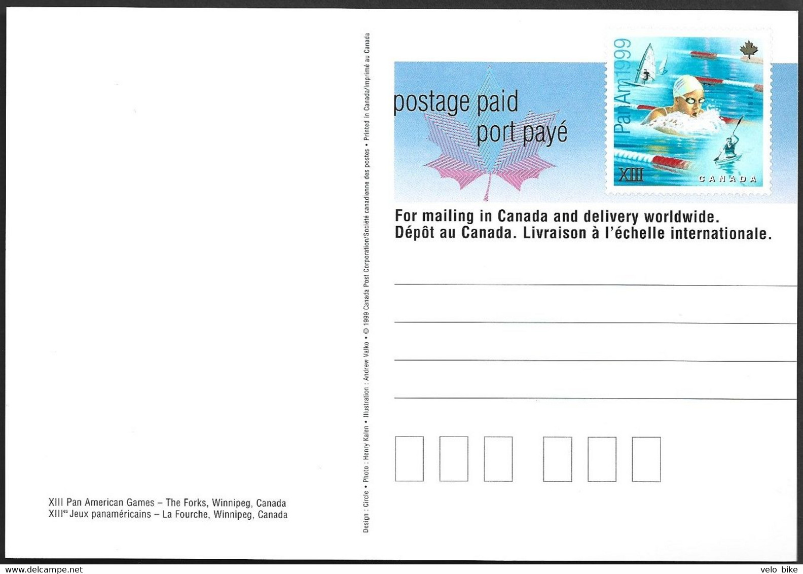 Canada Postal Stationery Port Paye PP  Pan American Games Winnipeg Harbor Boat Surfing Swimming Padling Canot - Sonstige & Ohne Zuordnung