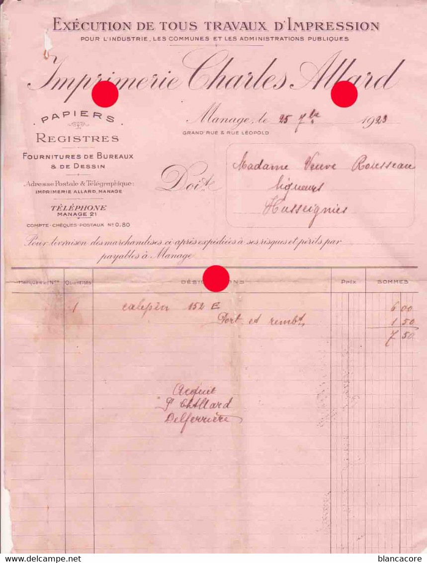 MANAGE 1923 Imprimerie Charles Allard - Druck & Papierwaren