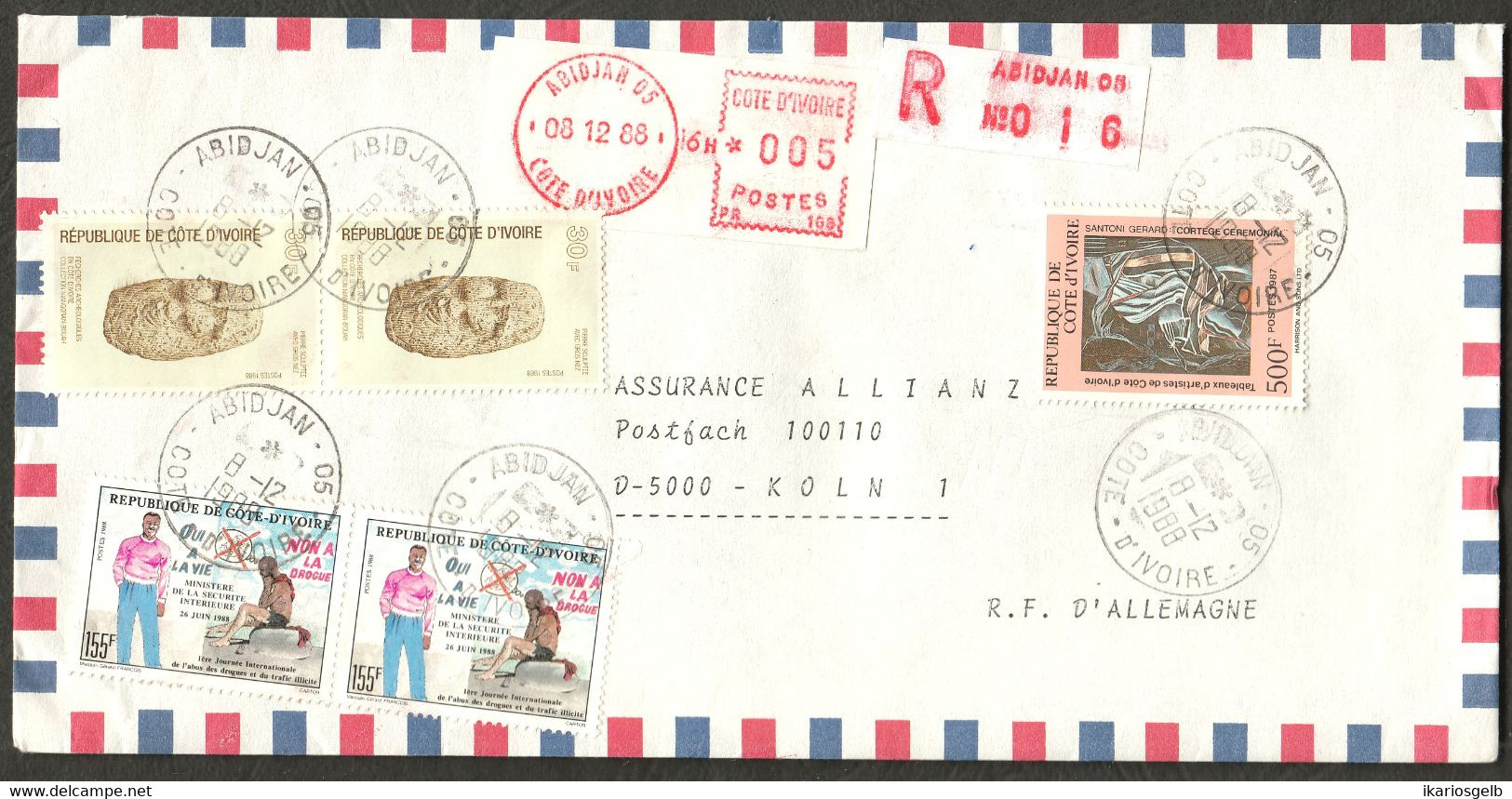 Côte D'Ivoire 1988 Deco R-Brief 5-fach Marken-frankiert Recommandée étranger Einschreiben Ausland Registered Abroad - Côte D'Ivoire (1960-...)
