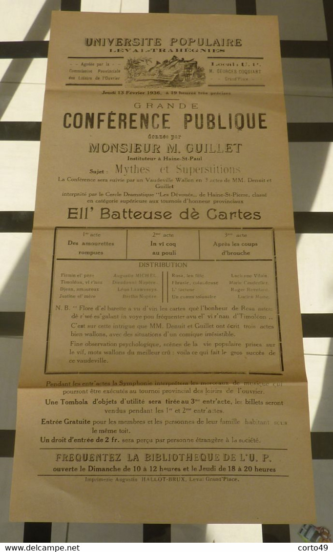 AFFICHE Pour UNE CONFERENCE PUBLIQUE à L' UNIVERSITE POPULAIRE De LEVAL -TRAHEGNIES (BINCHE) En 1936  - 6 Scans ! - Posters