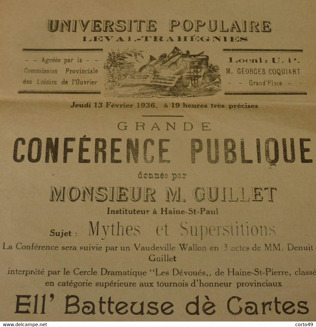 AFFICHE Pour UNE CONFERENCE PUBLIQUE à L' UNIVERSITE POPULAIRE De LEVAL -TRAHEGNIES (BINCHE) En 1936  - 6 Scans ! - Posters