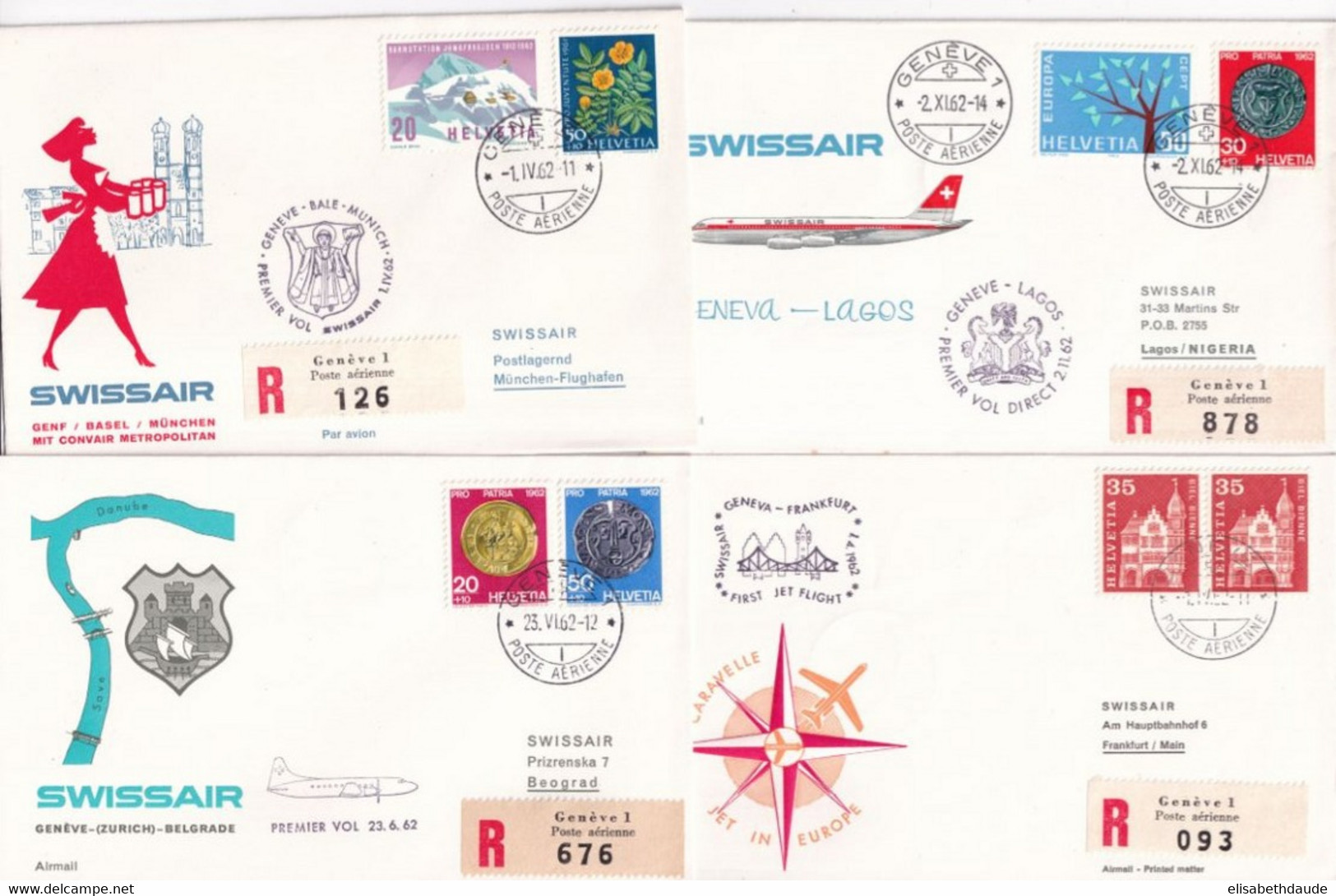 1962 - SUISSE / SWISSAIR - 4 ENVELOPPES RECOMMANDEES De GENEVE POSTE AERIENNE ! => RFA / LIBERIA / NIGERIA / SERBIE ! - Eerste Vluchten