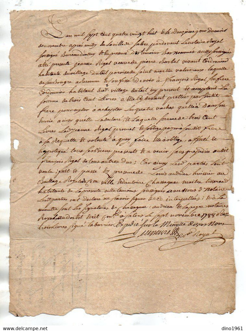 VP18.464 - Auvergne - Cachet De Généralité - SALERS - Acte De 1788 - Obligation - SAINT MARTIN VALMEROUX - Cachets Généralité