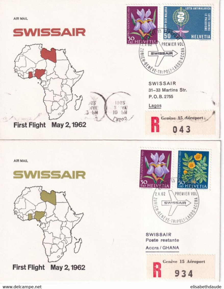 1962 - SUISSE / SWISSAIR - 2 ENVELOPPES RECOMMANDEES De GENEVE AEROPORT ! => GHANA / LAGOS - Premiers Vols