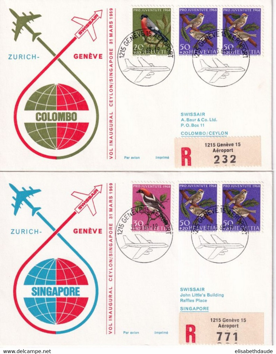 1969 - SUISSE / SWISSAIR - 2 ENVELOPPES RECOMMANDEES De GENEVE AEROPORT ! => CEYLAN / SINGAPORE - Premiers Vols