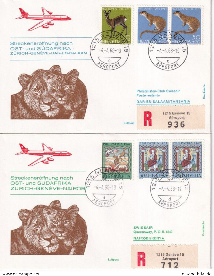 1968 - SUISSE / SWISSAIR - 2 ENVELOPPES RECOMMANDEES De GENEVE AEROPORT ! => KENIA / TANZANIE - Eerste Vluchten