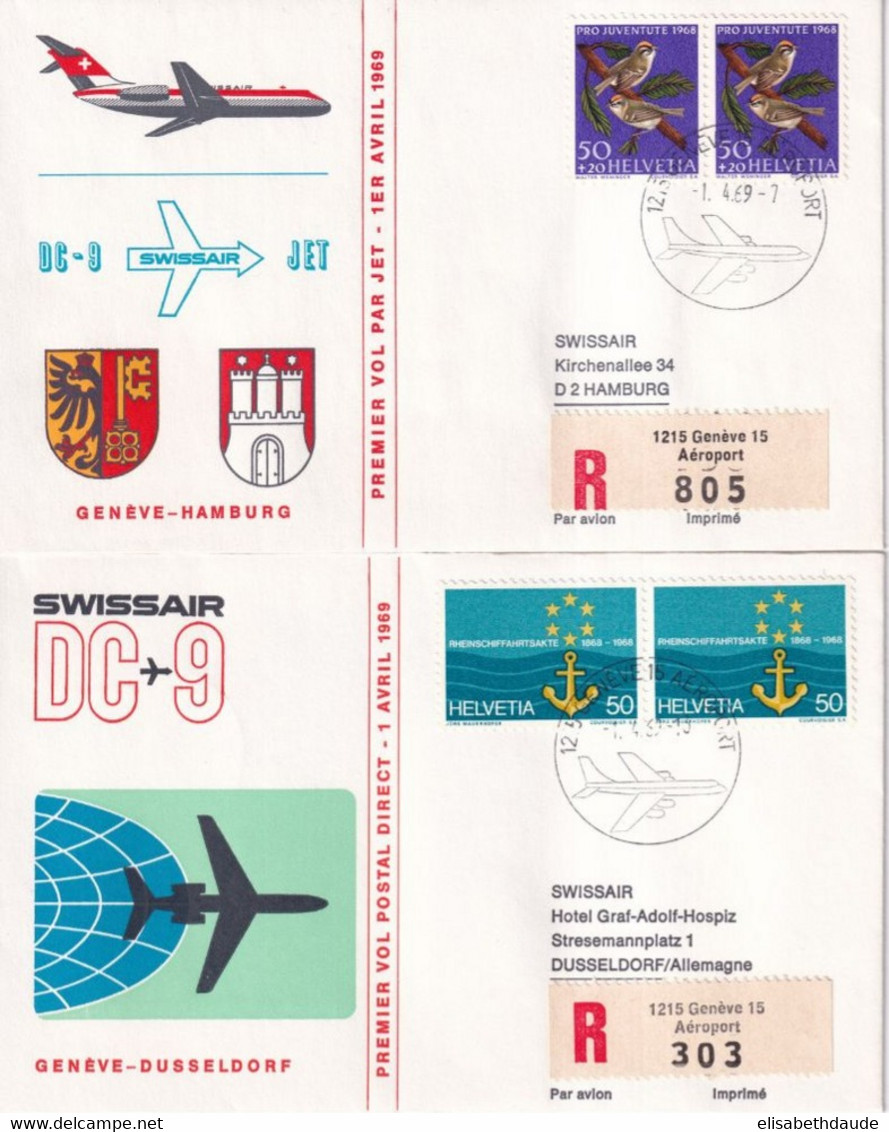 1969 - SUISSE / SWISSAIR - 2 ENVELOPPES RECOMMANDEES De GENEVE AEROPORT ! => RFA - Primi Voli