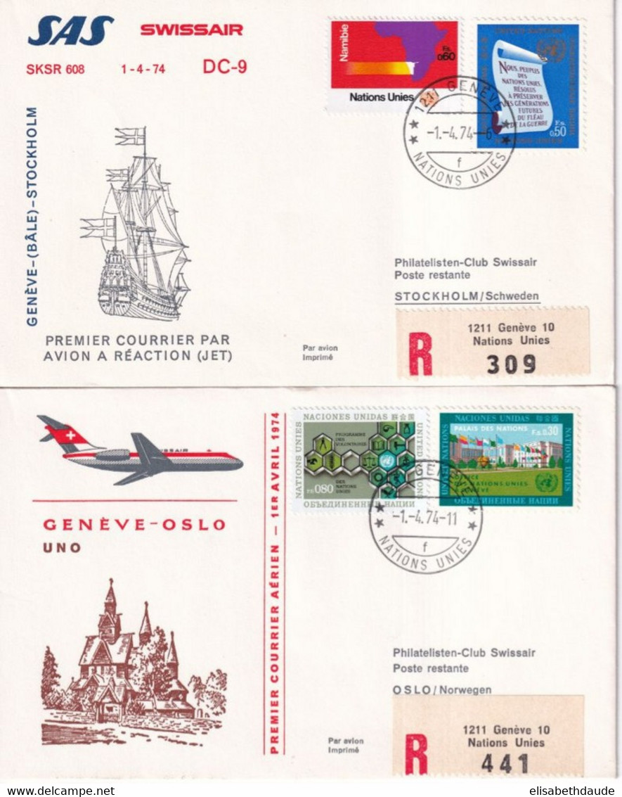 1974 - SUISSE / SWISSAIR - 2 ENVELOPPES RECOMMANDEES De GENEVE NATIONS UNIES ! => NORVEGE / SUEDE - Eerste Vluchten