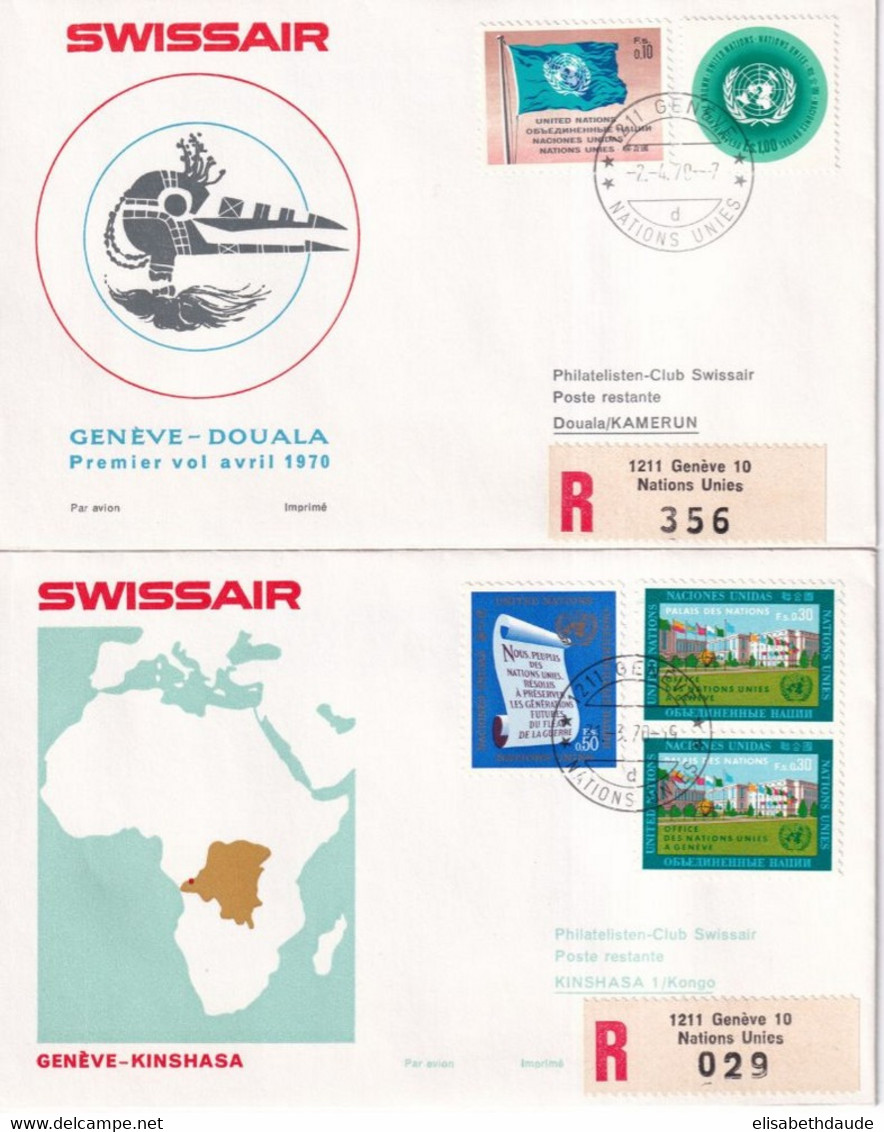 1970 - SUISSE / SWISSAIR - 2 ENVELOPPES RECOMMANDEES De GENEVE NATIONS UNIES ! => CAMEROUN / CONGO - Eerste Vluchten