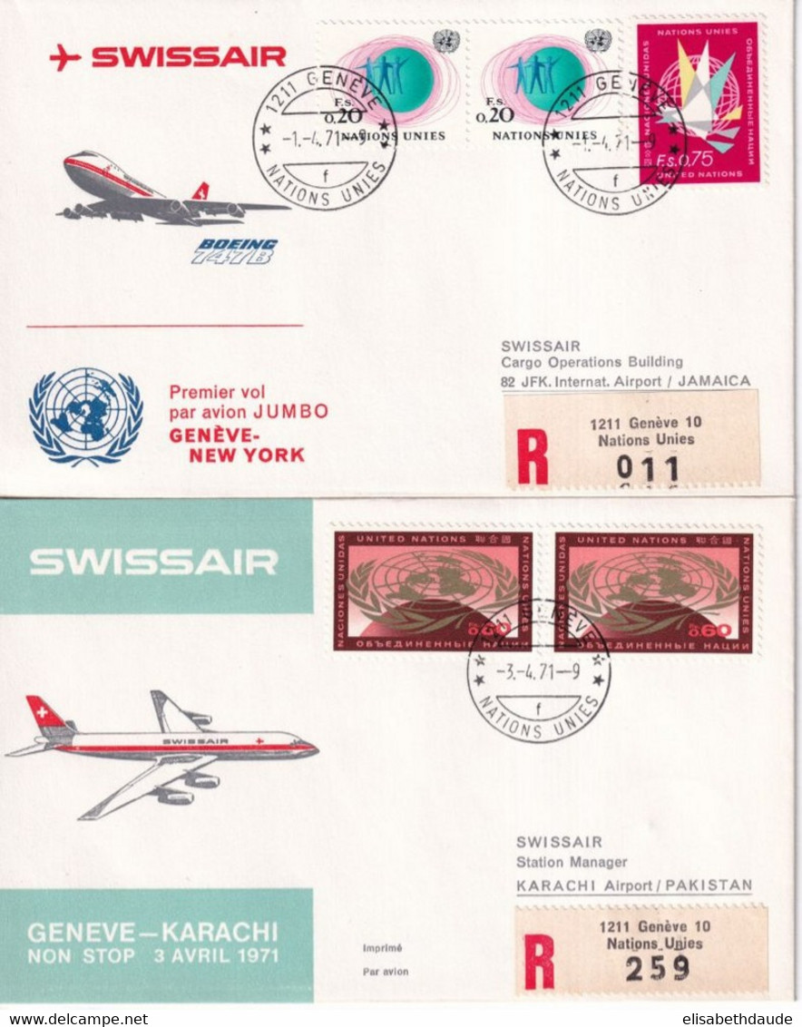 1971 - SUISSE / SWISSAIR - 2 ENVELOPPES RECOMMANDEES De GENEVE NATIONS UNIES ! => PAKISTAN / JAMAIQUE - Primi Voli