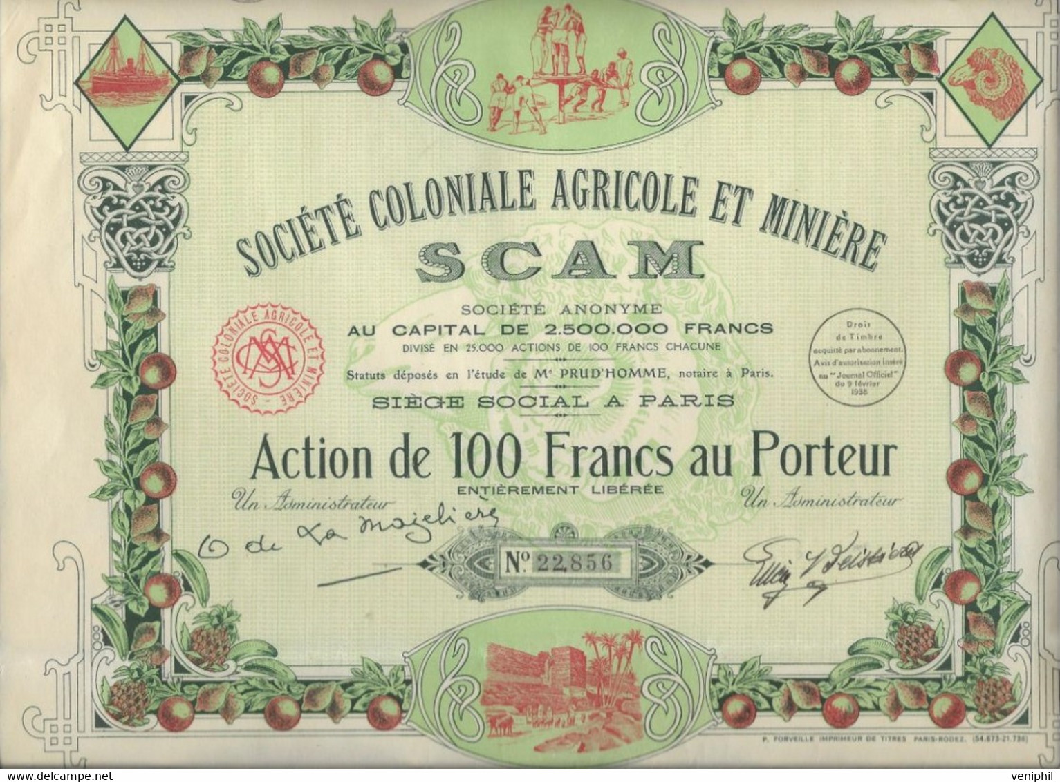 SOCIETE COLONIALE AGRICOLE ET MINIERE SCAM  -ACTION DE 100 FRS -ANNEE 1938 - Bergbau