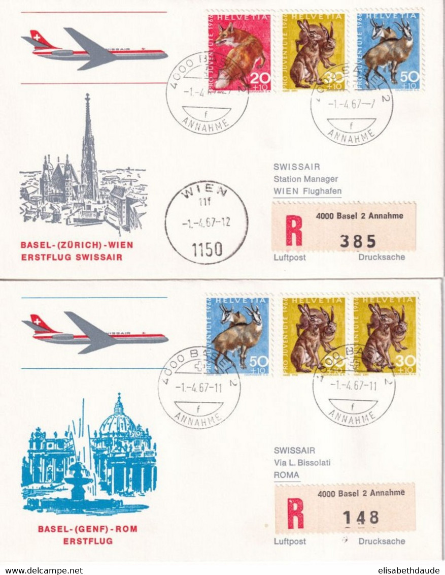 1967 - SUISSE / SWISSAIR - 2 ENVELOPPES RECOMMANDEES De BASEL ! => ITALIE / AUTRICHE - Premiers Vols