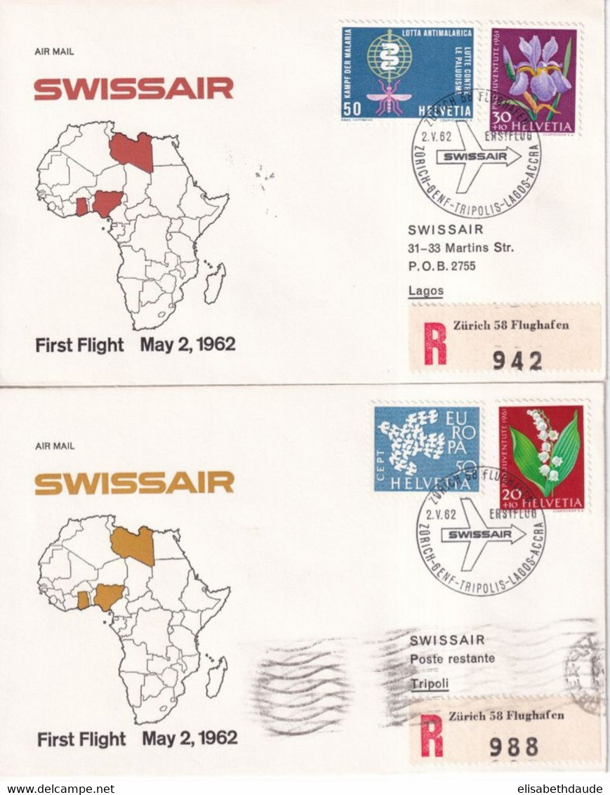 1962 - SUISSE / SWISSAIR - 2 ENVELOPPES RECOMMANDEES De ZÜRICH FLUGHAFEN ! => TRIPOLI  / LAGOS - Primi Voli