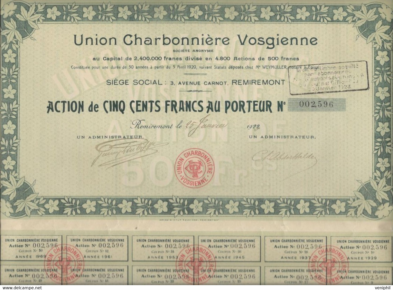 UNION CHARBONNIERE VOSGIENNE *DIVISE EN 4800 ACTIONS DE 50 FRS -REMIREMONT - ANNEE 1923 - Mijnen