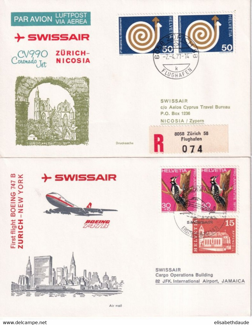 1971 - SUISSE / SWISSAIR - 2 ENVELOPPES RECOMMANDEES De ZÜRICH FLUGHAFEN ! => CHYPRE / JAMAICA - First Flight Covers