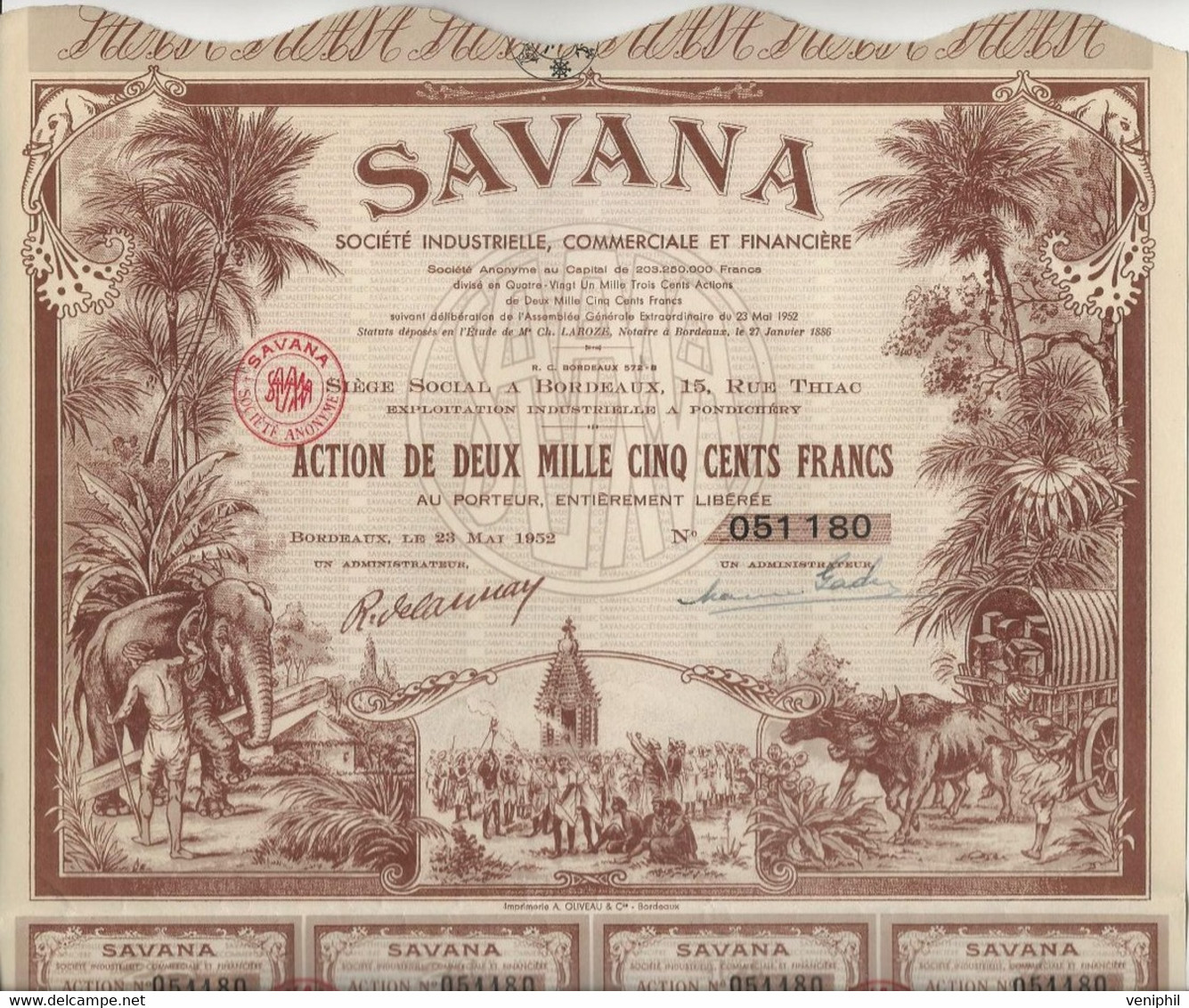 SAVANA -  SOCIETE INDUSTRIELLE,COMMERCIALE ET FINANCIERE - TRES BELLE ACTION ILLUSTREE 2500 FRS - ANNEE 1952 - Afrika