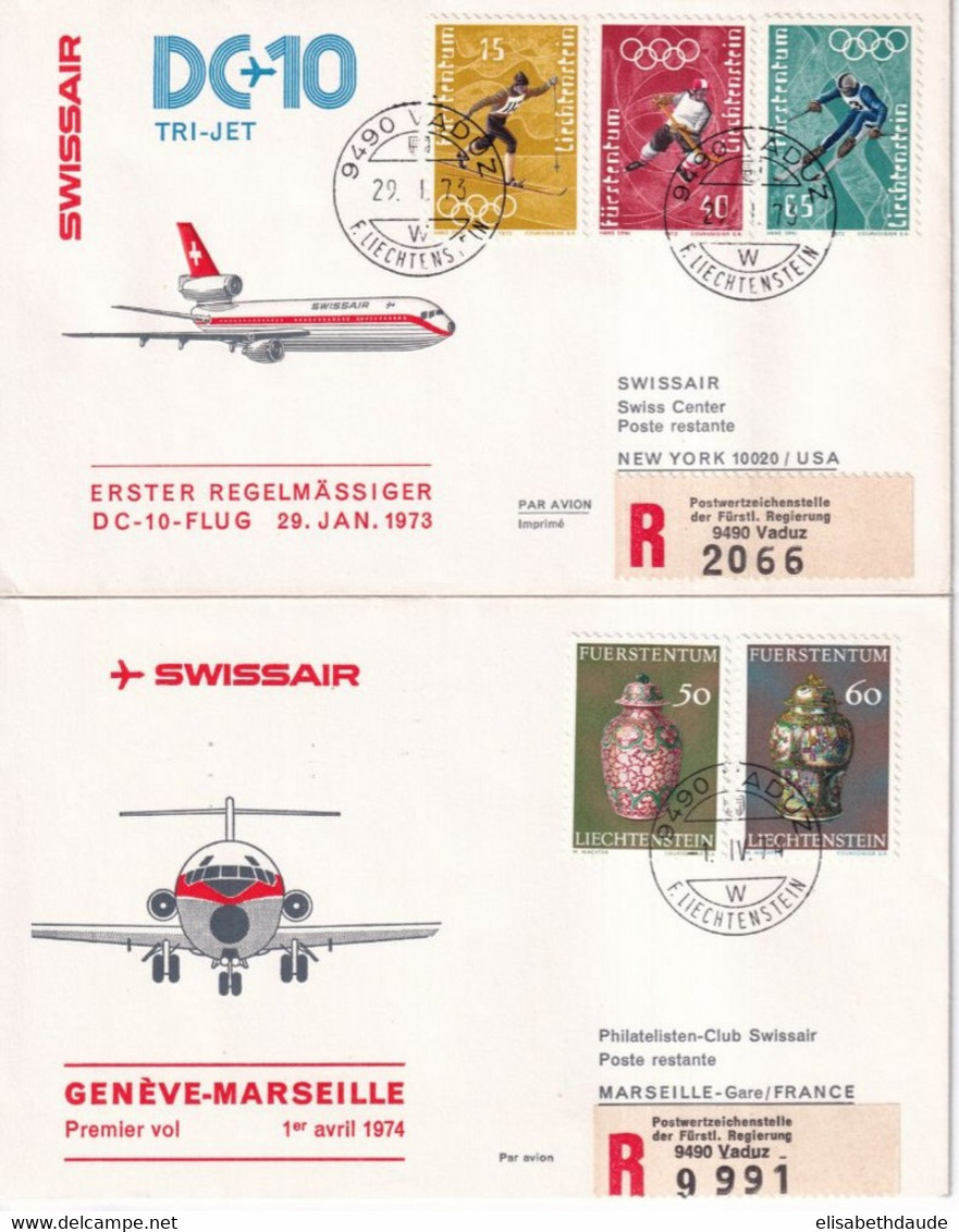 1973/1974 - LIECHTENSTEIN / SWISSAIR - 2 ENVELOPPES RECOMMANDEES De VADUZ ! => USA / MARSEILLE - Luftpost