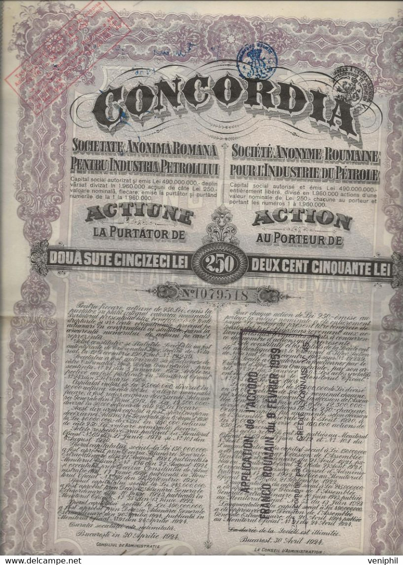 CONCORDIA -SOCIETE ROUMAINE POUR L'INDUSTRIE DU PETROLE - LOT DE 5 ACTIONS --250 LEI - ANNEE 1924 - Aardolie
