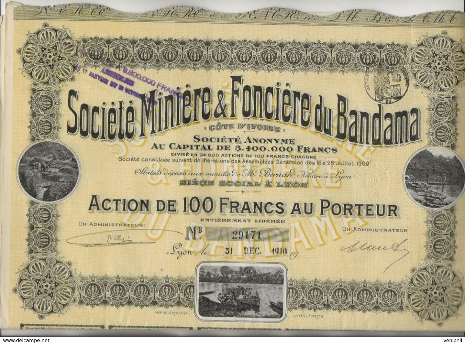 SOCIETE MINIERE ET FONCIERE DU BANDAMA - LOT DE 5 ACTIONS DE 100 FRS - ANNEE 1910 - Bergbau