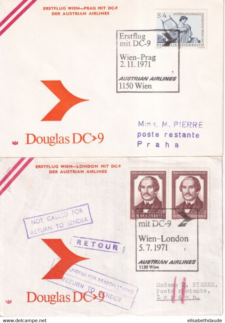 1971 - AUSTRIAN AIRLINES - 2 ENVELOPPES De WIEN (AUTRICHE)  => LONDON / PRAGUE - First Flight Covers