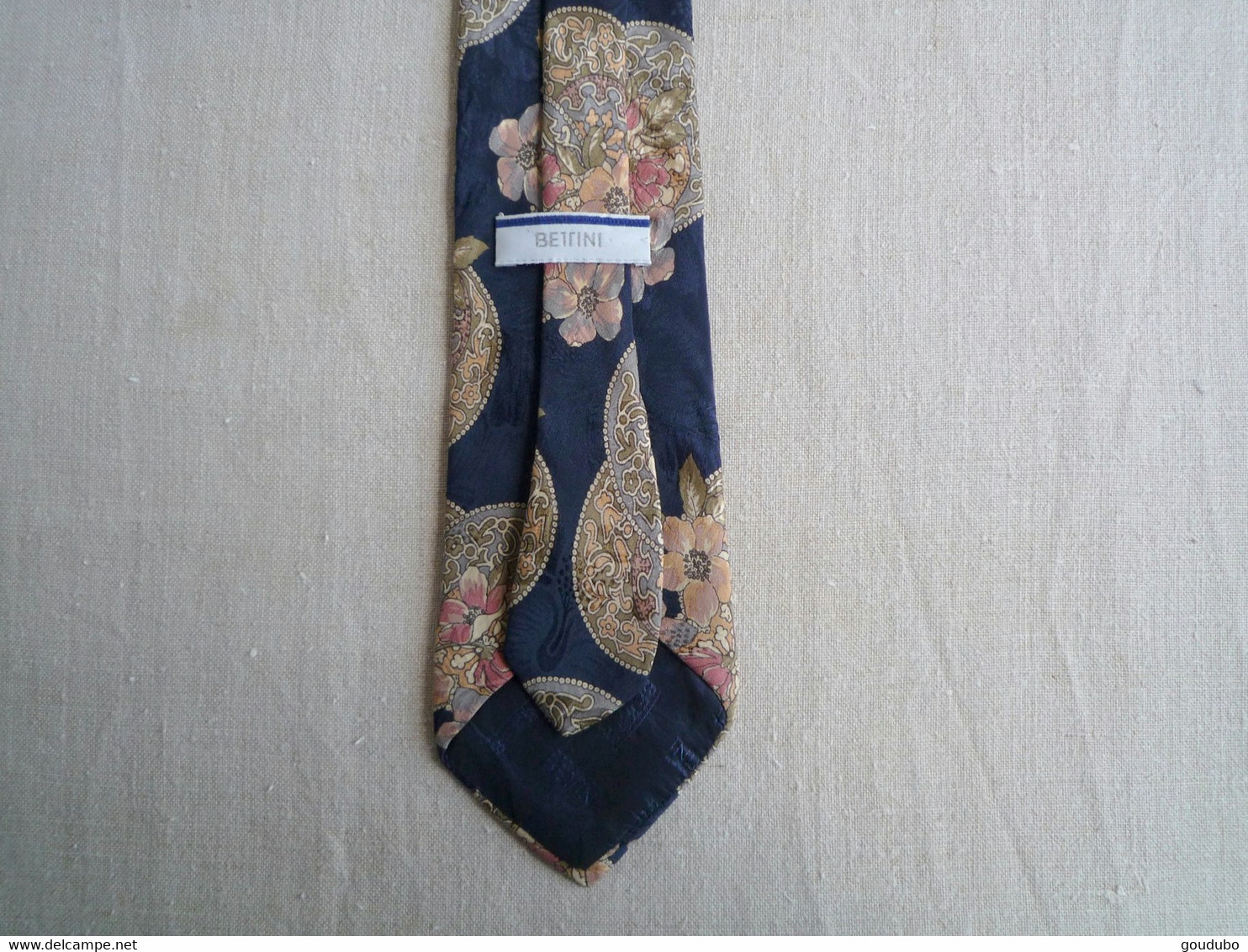 Cravate Bettini Bleu Marine Fleurs Plateu Moiré Soie - Ties