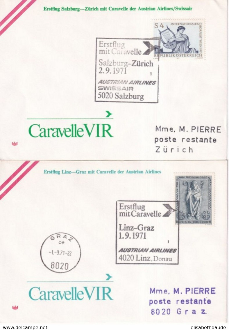 1971 - AUSTRIAN AIRLINES - 2 ENVELOPPES De LINZ ET SALZBURG (AUTRICHE)  => GRAZ Et ZÜRICH - Premiers Vols