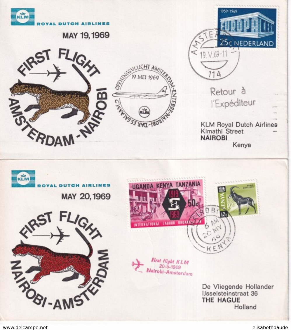 1969 - KLM / NEDERLAND - 2 ENVELOPPES ALLER ET RETOUR 1° VOL AMSTERDAM => NAIROBI (KENYA) - Posta Aerea