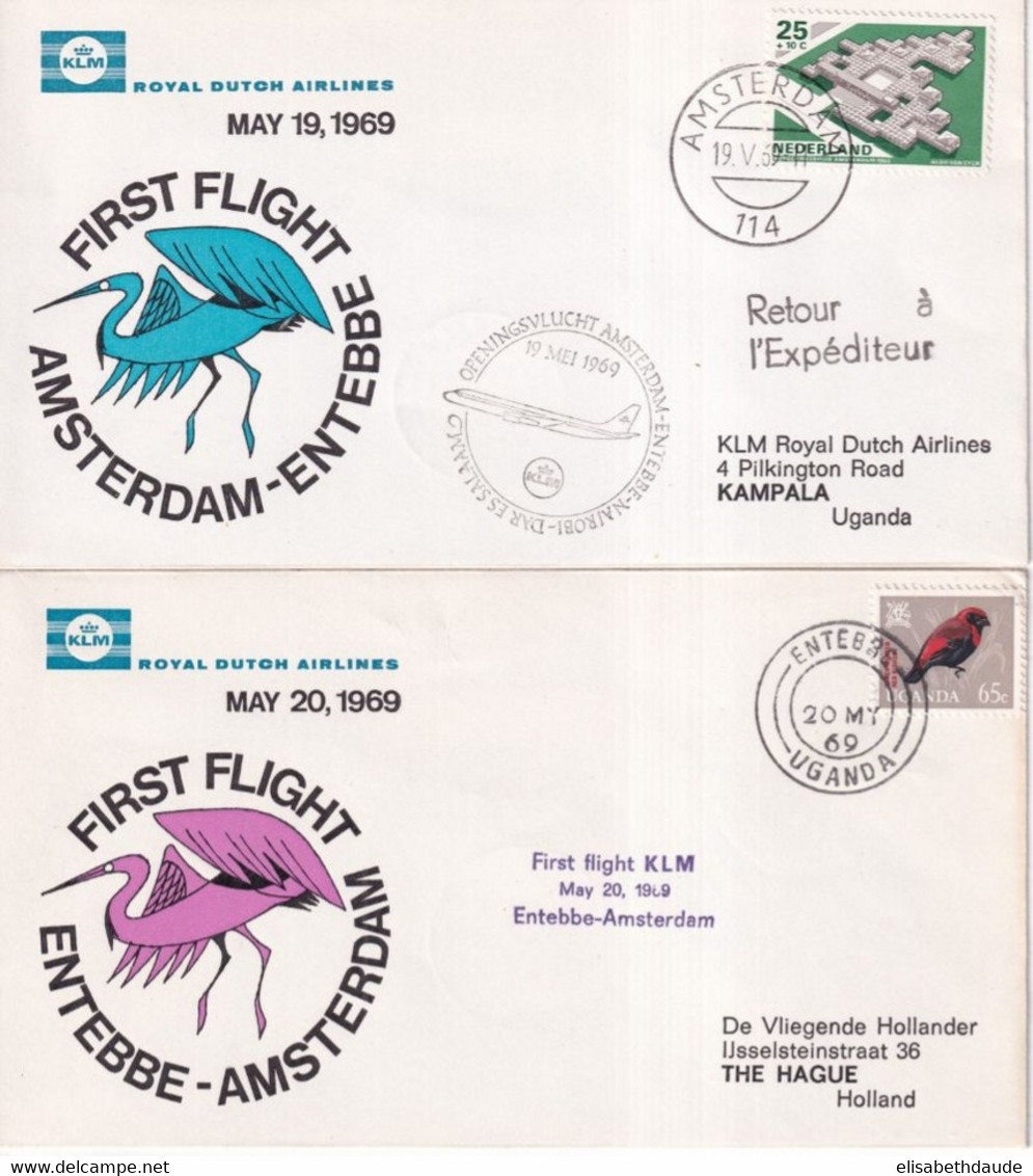 1969 - KLM / NEDERLAND - 2 ENVELOPPES ALLER ET RETOUR 1° VOL AMSTERDAM => UGANDA - Luftpost